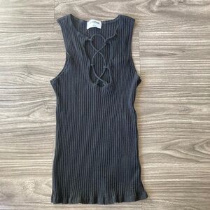 LNA Clothing Black Ribbed Lace Front Top in Small